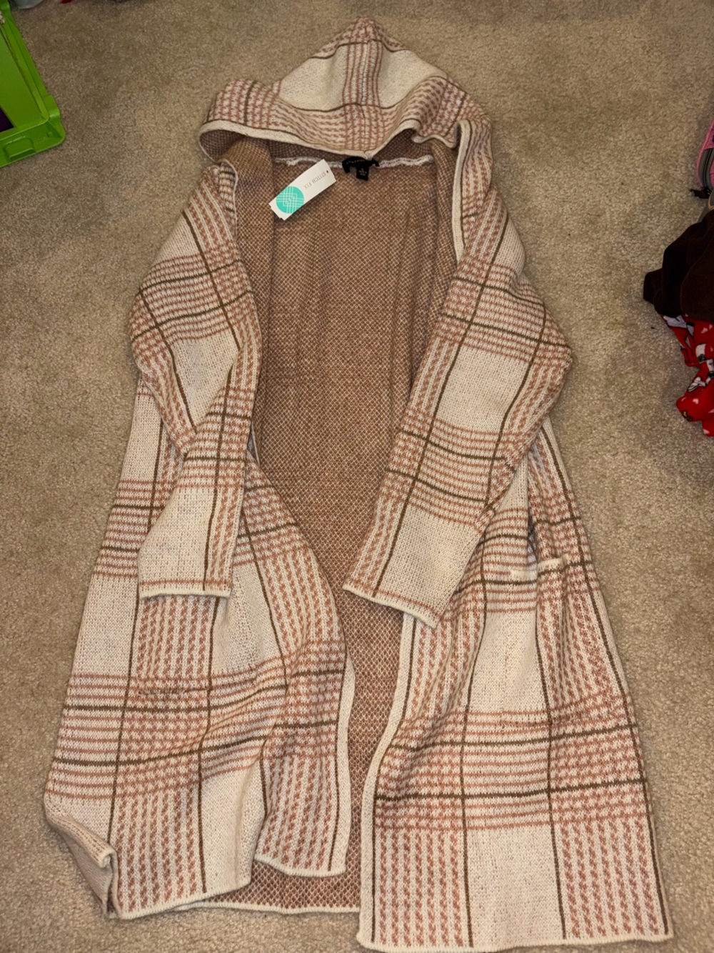 Hooded Plaid Open-Front Jacket in Beige & Tan